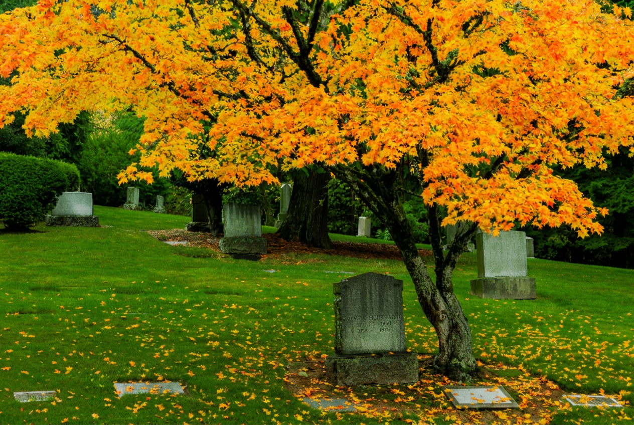 A cemetery landscape showing carefully maintained grounds